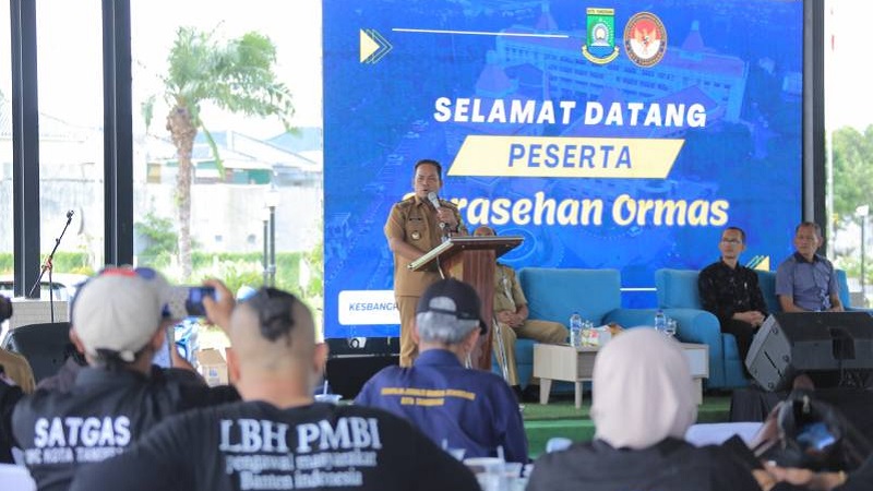 Pj Walikota Tangerang Nurdin memberikan sambutan di acara Sarasehan Ormas. (Foto: Repro)