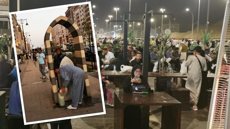 Suasana Kafe Kaifa. (Insert) mengambil air minum di trotoar Madinah. (Foto: Disway)